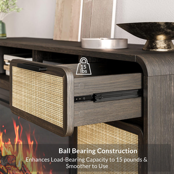 68" Fireplace TV Stand with Rattan Storage Cabinet
