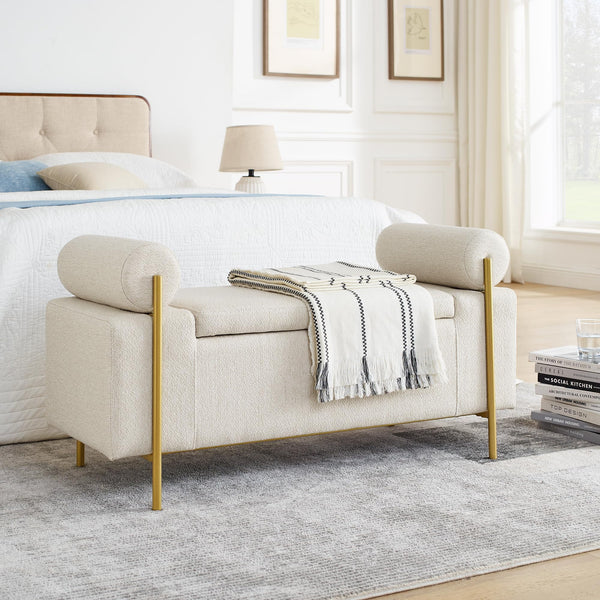 Upholstered Storage Ottoman Bench with Cylindrical Arms