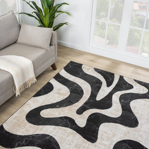 Beige & Black Swirl Modern Area Rug