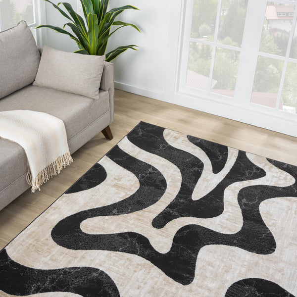 Beige & Black Swirl Modern Area Rug