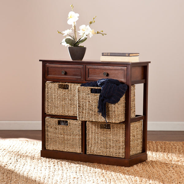 4-Basket Storage Chest with Drawers – Mahogany & Seagrass
