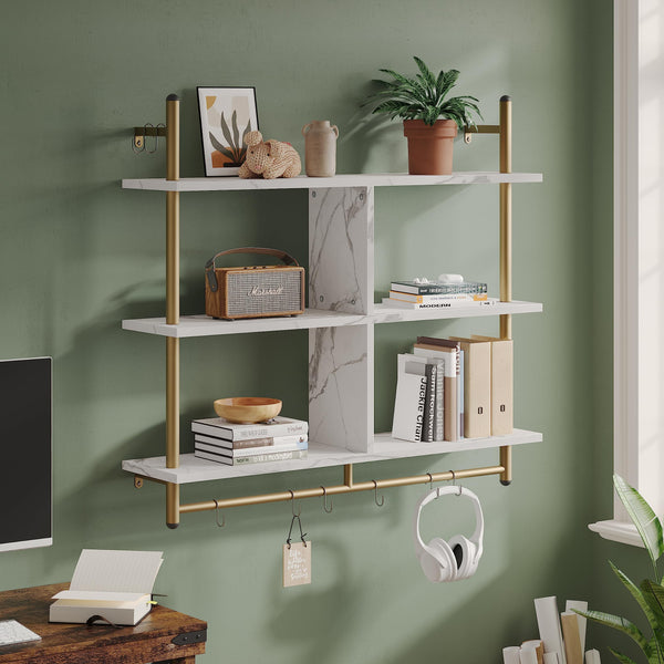 3-Tier Wall Mounted Floating Pipe Shelf with Hooks