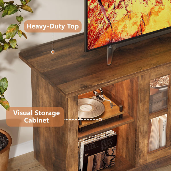 Farmhouse TV Stand 58 Inch with Glass Doors, LED Lights & USB Charging