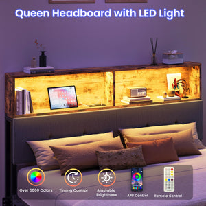 Queen Upholstered Headboard with Storage, LED Light & Charging Station