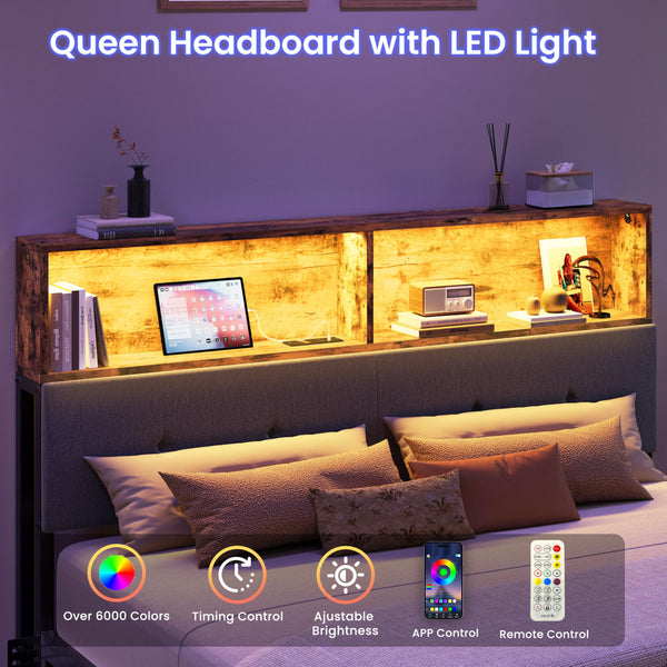 Queen Upholstered Headboard with Storage, LED Light & Charging Station