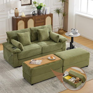 Corduroy Loveseat with Storage Ottomans & USB Port