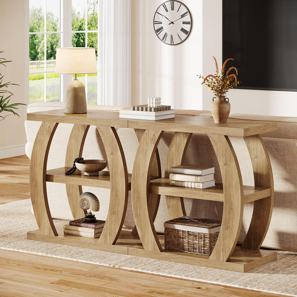 3-Tier Narrow Side Table with Storage – Natural Oak
