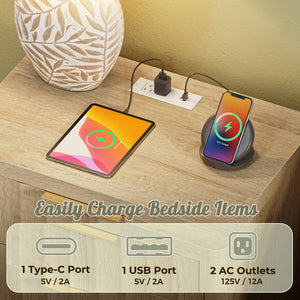 Tall Nightstand with Charging Station, USB-C Port, 2 Deep Drawers and Open Shelf – Set of 2