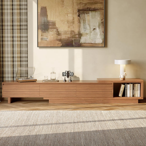 Extendable Mid-Century Modern TV Stand with Crosshatch Drawers