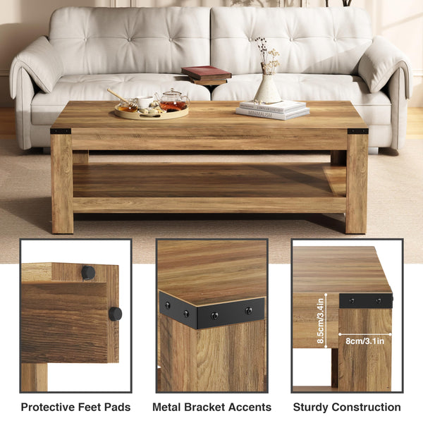 Farmhouse Coffee Table with Storage – 2-Tier Industrial Wood Center Table