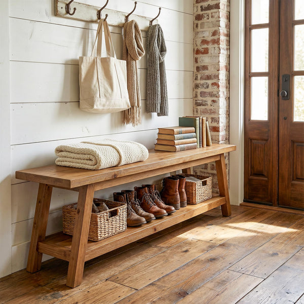 Solid Wood Entryway Bench with Shoe Storage Shelf
