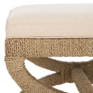 Woven Seagrass Ottoman with Mahogany Wood Frame
