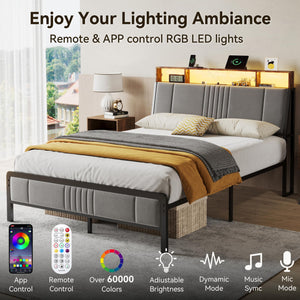 Upholstered Platform Bed Frame with LED Lights, Storage Headboard & Charging Station