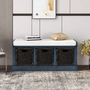 Farmhouse Entryway Storage Bench with Cushioned Seat & Rattan Drawers