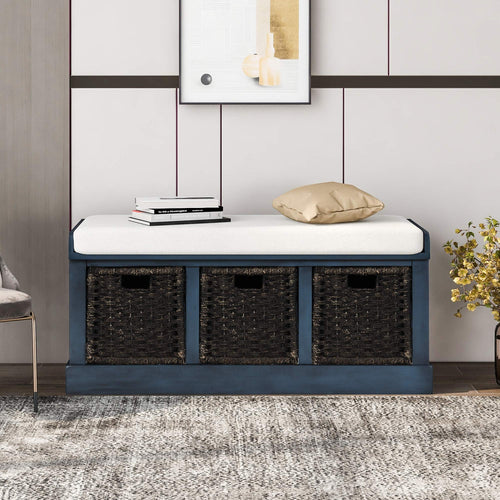 Farmhouse Entryway Storage Bench with Cushioned Seat & Rattan Drawers