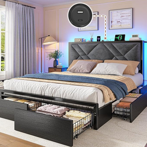 Queen Bed Frame with Storage Drawers, LED Lights & Charging Station