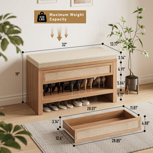 Farmhouse Shoe Bench with Storage Drawer & Linen Cushion