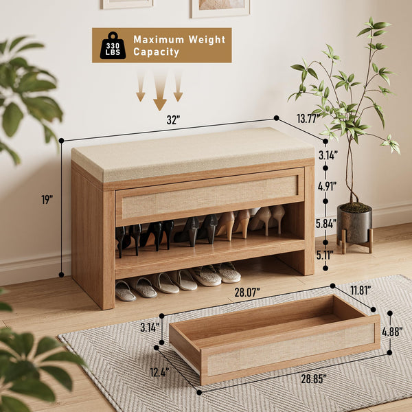 Farmhouse Shoe Bench with Storage Drawer & Linen Cushion