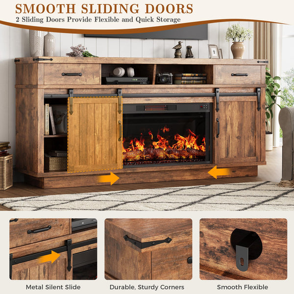 Fireplace TV Stand with Electric Fireplace, LED Light & Sliding Barn Door – Fits TVs up to 65"