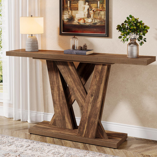 55-Inch Farmhouse Console Table with Geometric Base