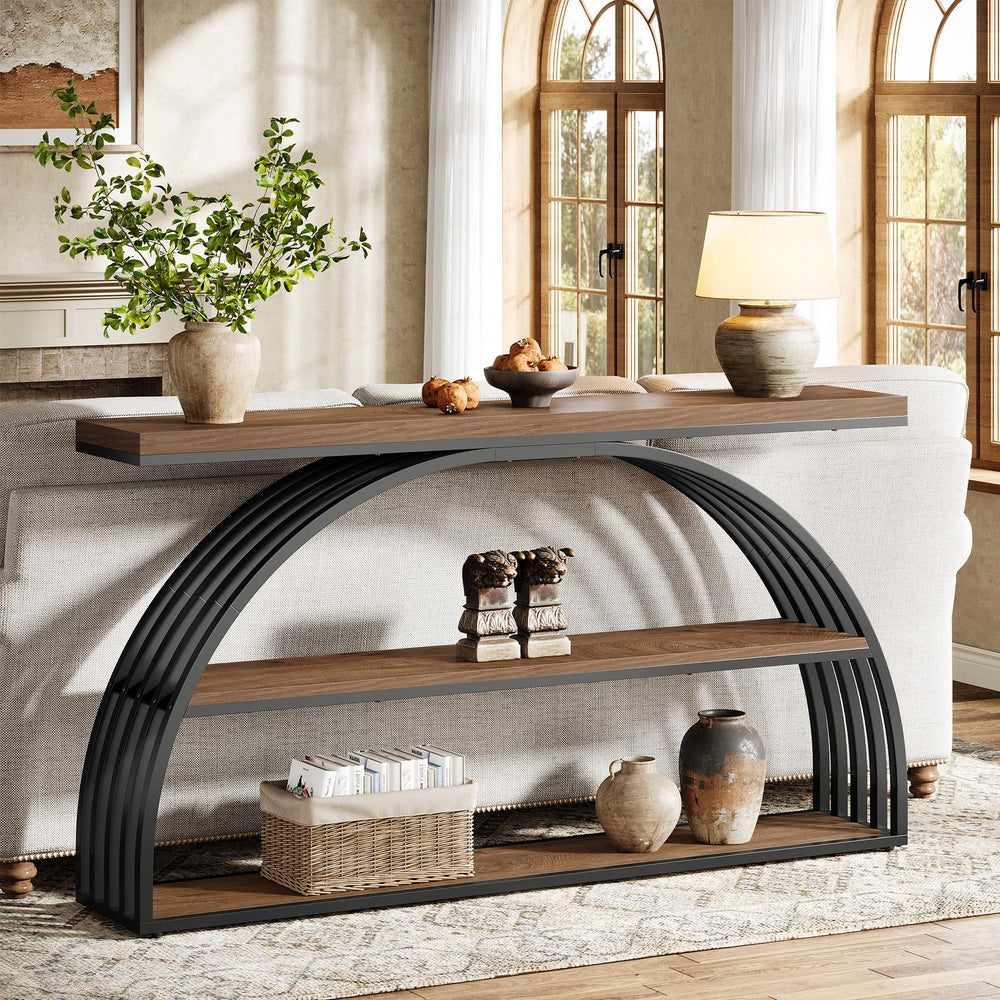 63-Inch Arched Console Table with 3-Tier Shelves