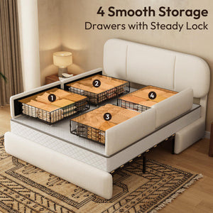 Upholstered Platform Bed Frame with Storage Drawers & LED Lights