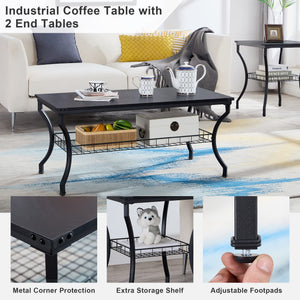 3-Piece Living Room Coffee Table Set with Storage Shelves