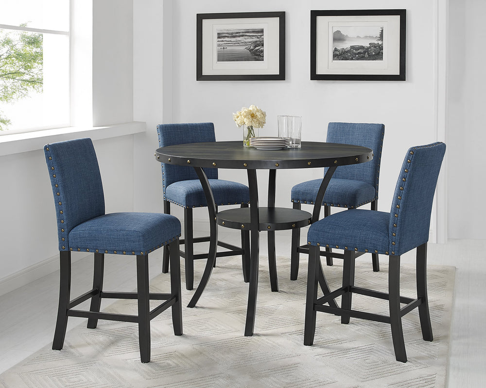 5-Piece Round Counter Height Dining Set with Fabric Nailhead Stools