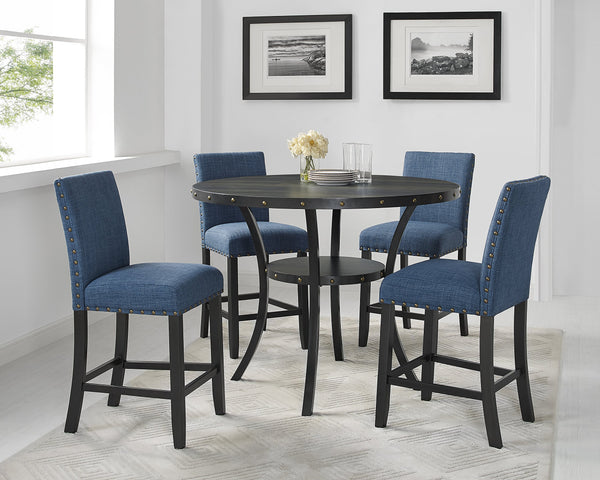 5-Piece Round Counter Height Dining Set with Fabric Nailhead Stools