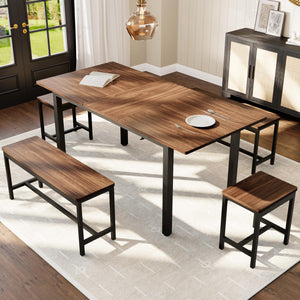 5-Piece Extendable Dining Table Set with Benches and Stools