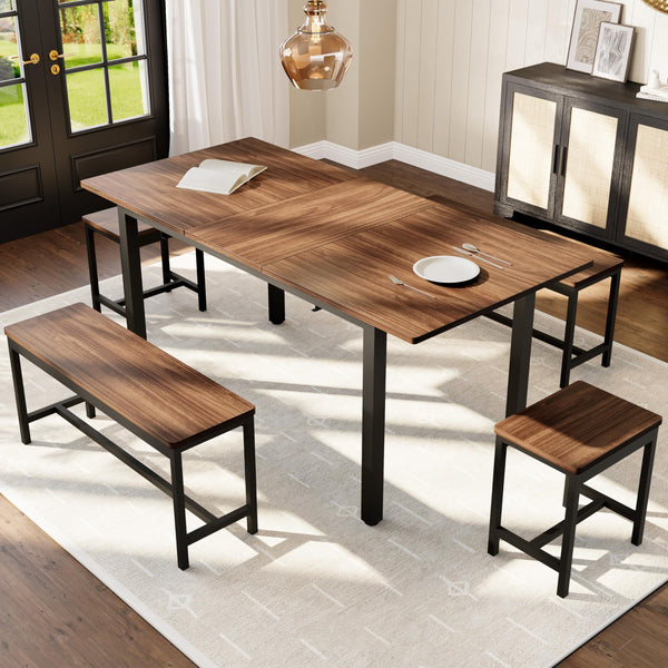 5-Piece Extendable Dining Table Set with Benches and Stools