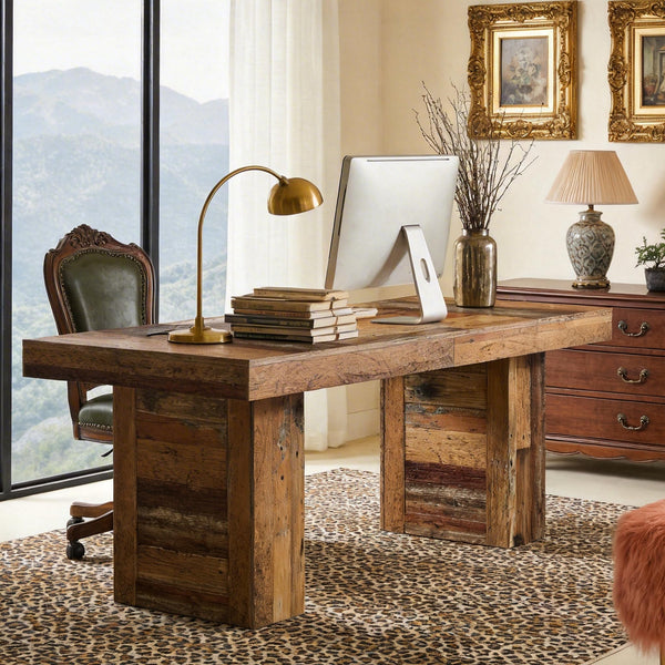 63-Inch Farmhouse Executive Desk with Rustic Wood Grain Finish