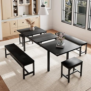 Extendable Dining Table Set with 6 Stools, Metal Frame & MDF, 63"