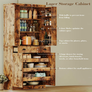 Kitchen Pantry Cabinet 72" Freestanding with Drawer & Sliding Racks