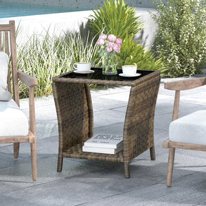 Outdoor Wicker Side Table with Glass Top