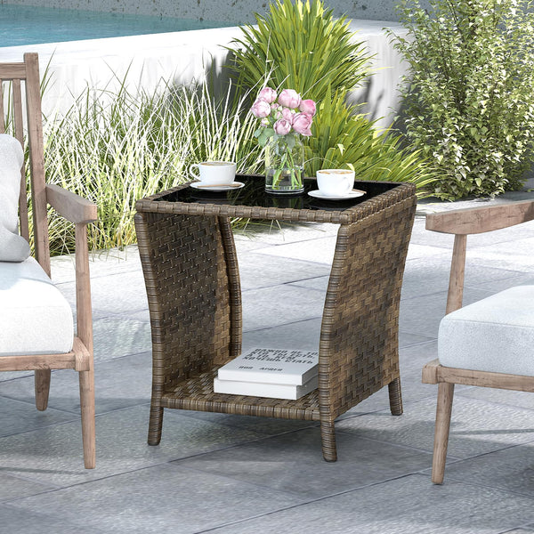 Outdoor Wicker Side Table with Glass Top