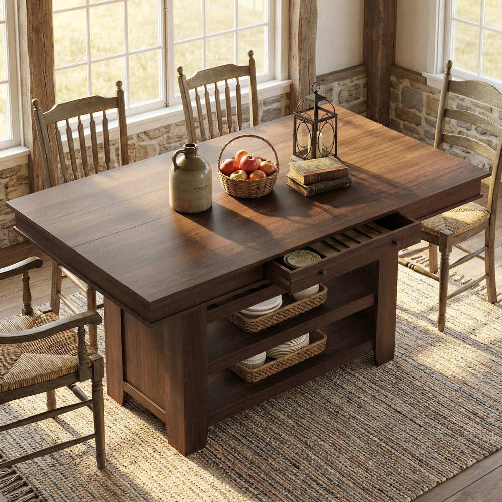 Counter Height Dining Table with Wine Rack & Storage Drawers
