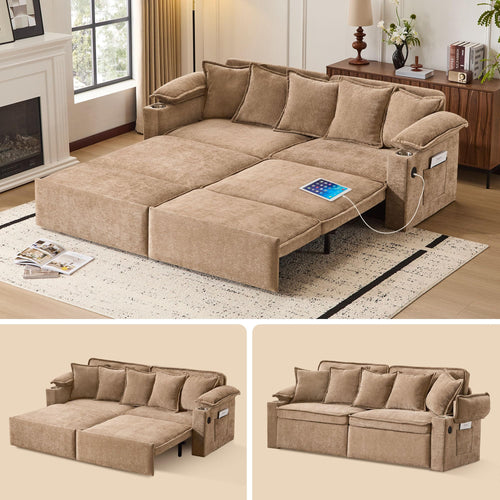 King Size Pull-Out Sofa Bed – 4-in-1 Convertible Sleeper with USB Ports & Storage