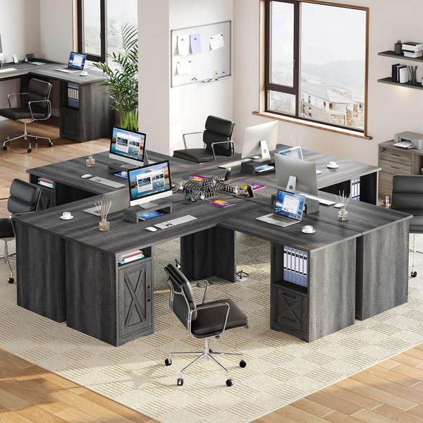 L-Shaped Desk with Power Outlets, File Drawer & Monitor Stand — 60 Inch Corner Office Desk