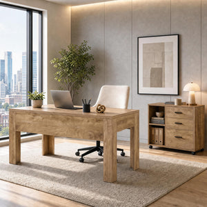 63" L-Shaped Office Desk with Drawers, Shelves & Rolling File Cabinet