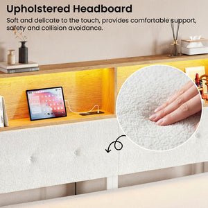 Queen Upholstered Headboard with Storage, LED Light & Charging Station