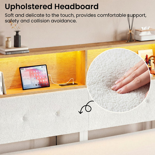 Queen Upholstered Headboard with Storage, LED Light & Charging Station