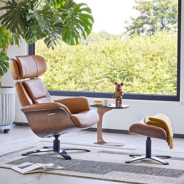 Leather Reclining Swivel Chair & Ottoman with Adjustable Headrest