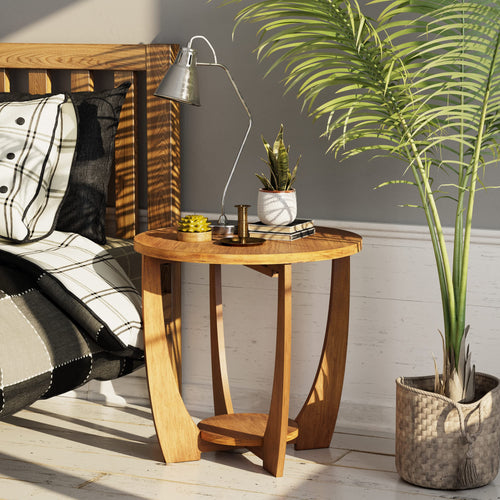 Round Farmhouse End Table with Storage Shelf