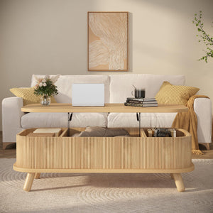 47" Oval Lift Top Coffee Table with Storage & Fluted Design