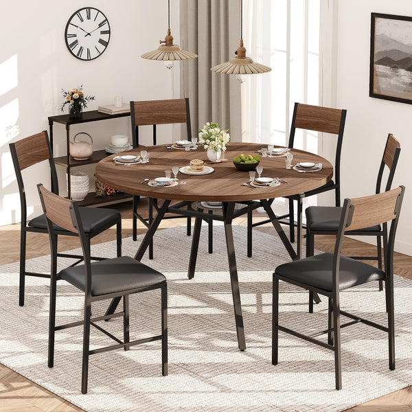 47" Round Dining Table Set for 6 with Chairs, Walnut Wood Grain