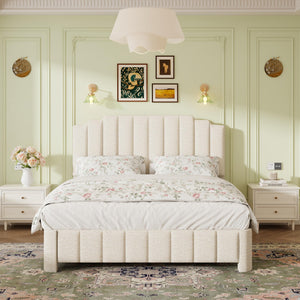 Queen Bed Frame with Adjustable Headboard & Boucle Upholstery