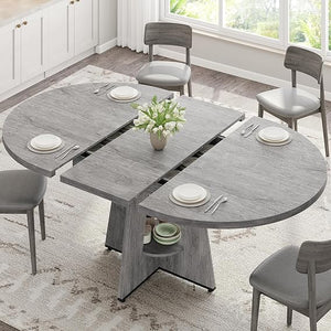 Extendable Dining Table, Round Kitchen Dining Room Dinner Table with for 4 6 8 People, Space Saving Modern Oval Expandale Furniture with Storage and Pedestal for Kitchen Living Room (Black)