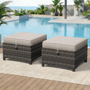 Outdoor Wicker Patio Ottomans Set of 2 with Cushion