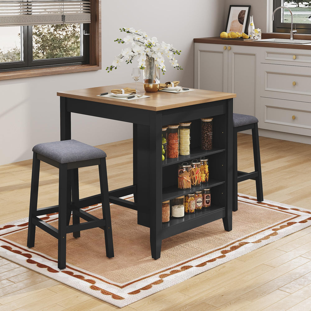 HLR 3-Piece Dining Table Set for 2 Person, Small Farmhouse Kitchen Table with 2 Bar Stools, Wood Dinner Table with Storage Shelves for Dining Room, Apartment, Small Space, Breakfast Nook, Black